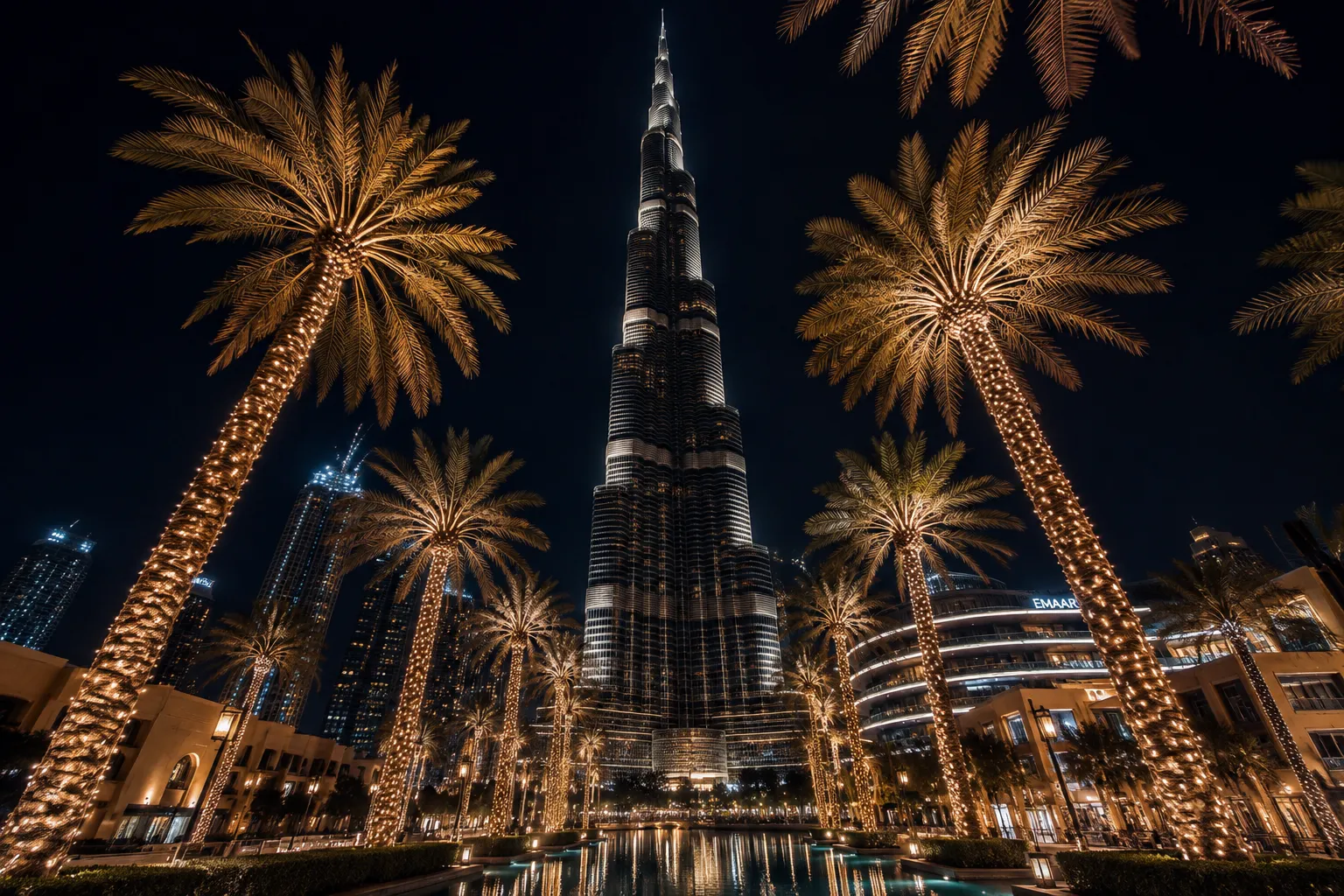 Burj Khalifa illuminé la nuit entouré de palmiers, Dubaï